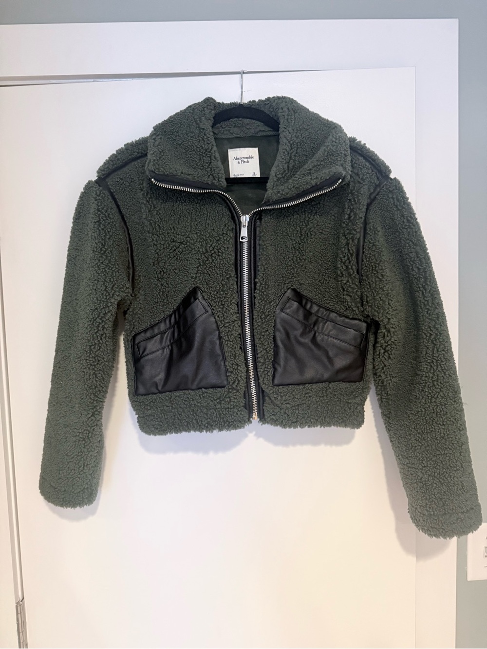 Abercrombie & Fitch Olive Green Sherpa Jacket with Black Faux Leather Pockets